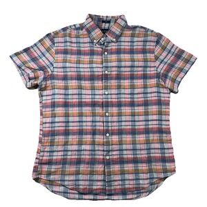 J Crew Shirt Mens L Linen Blend Plaid Camp Short Sleeve Slim Fit Preppy Casual